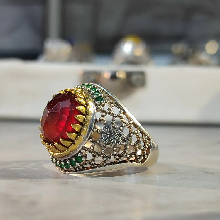 انگشتر نقره مردانه سنگ گارنت سرخ قرمز تراش جواهری شیک و خاص و جذاب